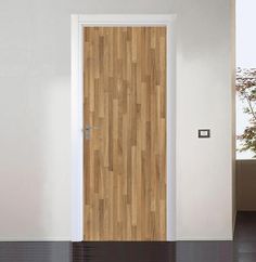 an empty room with a wooden door and white walls, black flooring and potted plant in the corner