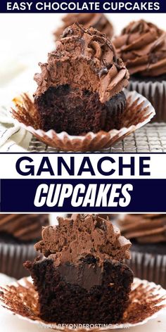 two chocolate cupcakes on plates with the words ganache cupcakes above them