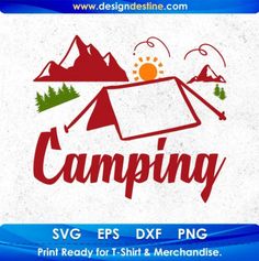 the camping svg logo is shown with mountains and trees in the background