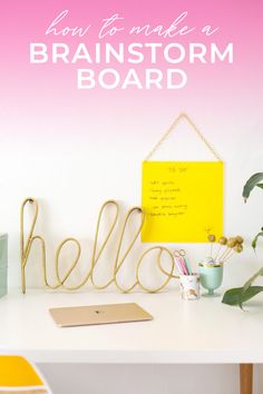 a white desk topped with a yellow sign next to a plant and potted plants