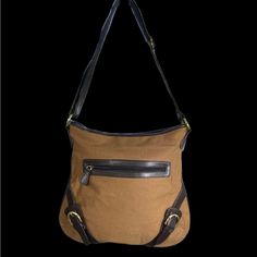 Never Worn, But Sadly, Closet Damaged. Beautiful Caramel Canvas And Deep Brown Faux Leather With Great Golden Hardware. Zipper Closure. 14” Wide At Base, 13” Long. Deep Brown, Tan Brown, Size 13, Leather Shoulder Bag, Caramel, Faux Leather, Bag Lady, Shoulder Bag, Zipper