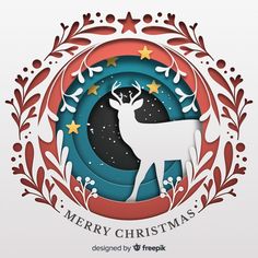 a christmas card with a deer and stars in the center, surrounded by wreaths