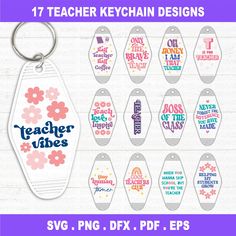 teacher keychain designs with flowers and the words teacher vibes on them in different colors