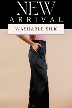 Don't let the fear of ruining your silk keep you from enjoying it. Our women's silk pants are not only luxurious but also washable. Choose from classic black, earthy olive green, or vibrant wine to add a touch of elegance to your outfit. Perfect for the woman who loves to combine style with practicality. #silkpants #washablesilk #silkoutfit #classy #classysilkoutfits #silkpantsoutfitclassy Sleek Silk Wide Leg Pants, Sleek Silk Straight Pants, Silk Tapered Leg Bottoms For Evening, Sleek Silk Wide Leg Bottoms, Sleek Silk Straight Leg Pants, Chic Satin Tapered Leg Pants, Silk Full-length Evening Bottoms, Silk Straight Pants For Evening, Evening Silk Full-length Bottoms