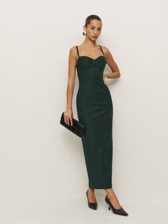 How fancy. Shop the Stormi Dress from Reformation, a sleeveless maxi dress with a sweetheart neckline and ruched bust cups. Column Skirt, Sleeveless Maxi Dress, New Tops, Sweetheart Neckline, Elegant Fashion, Guest Dresses, Bodice, New Dress, Vintage Inspired