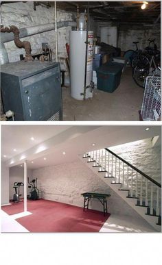 before and after photos of an unfinished basement remodel with white painted walls, red carpeted flooring and stairs