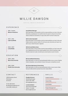 a professional resume is shown on a pink and white background with the words, social media manager