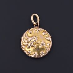 "A charming Art Nouveau era locket (circa 1910) with alluring repousse flowers and a feisty dragon! The locket is solid 10k gold and has the initials \"FPB\" carved on the back. It opens and closes securely and has one of the original frames and a covering used to hold a photo. The locket measures 1.4 inches from top to bottom by 1 inch wide, and it is in good condition with some minor wear (visible in the photos). We have many other fantastic offerings of antique and vintage jewelry posted on o Ornate 14k Gold Medallion Jewelry, Art Nouveau 14k Stamped Gold Jewelry, Art Nouveau Engraved Gold Jewelry, Gold Art Nouveau Jewelry Stamped 14k, Gold Engraved Art Nouveau Jewelry, Ornate Engraved Antique Gold Locket Necklace, Art Nouveau Engraved Yellow Gold Jewelry, Engraved Yellow Gold Art Nouveau Jewelry, Ornate Engraved Brass Locket Necklace