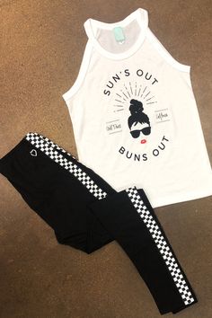 Summer Dance Intensive Must-Have! Loving the checkered flag stripes on these leggings. Pair them with this bunhead tank for a great jazz class outfit. Or just wear the tank over your swimsuit to the pool or beach. Sun's Out Buns Out for ballerinas! #covetdance #danceoutfit #danceleggings #dancewear #danceapparel Cotton Tank Top For Beach Season Loungewear, Stretch Tank Top For Summer Loungewear, Sleeveless Tank Top For Beach Season Loungewear, Trendy White Tank Top For Loungewear, Fun Tank Top For Beach Vacation, Fun Beach Season Tank Top For Vacation, Casual Tank Top For Beach Season And Loungewear, Casual Tank Top For Beach Season Loungewear, Trendy Cotton Halter Top For Day Out