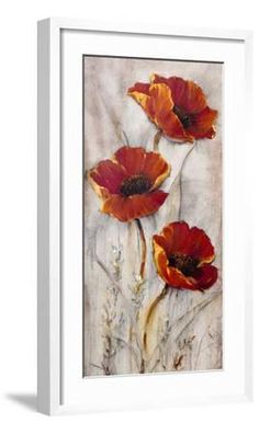 three red flowers on a white background with watercolors and brush strokes in the middle