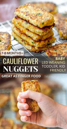 a person holding up a stack of food on top of a metal rack with the words cauliflower nuggets above it