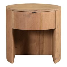 a round wooden table with one drawer open