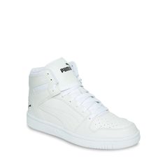 Own your look with these men's Puma Rebound LayUp 03 Puma white/Puma white mid-top sneakers. These fashion sneakers features a round toe with perforated detail, a lace-up closure, padded tongue with logo print, Formstrip overlay at the sides, cushioned collar, and a rubber outsole. | Puma Men's Rebound LayUp Sneaker in White Size 10. 5 Medium White Puma, Mid Top Sneakers, Puma White, Mid Top, Puma Mens, Athletic Performance, Puma Shoes, Hi Top, Fashion Sneakers