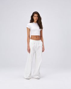 Cotton Pull on Pants - White Cotton Bottoms With Pockets For Daywear, Cotton Trousers For Daywear, Cotton Straight Leg Bottoms With Boxy Fit, Cotton Pants With Pockets For Daywear, Relaxed Fit High-waisted Cotton Parachute Pants, Cotton High-waisted Relaxed Fit Parachute Pants, High-waisted Cotton Parachute Pants With Relaxed Fit, Loosely Fitted Cotton Bottoms For Daywear, Relaxed Fit Cotton Bottoms With Straight Hem