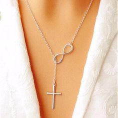 This Y Shaped Infinity & Cross Necklace Is A Great Necklace. It Works Like A Lariat And You Can Change The Look Of The Necklace By Adjusting The Infinity Symbol To Sit Either High Up So The Cross Hangs Down Much Lower, Or Adjust The Infinity Symbol Lower Closer To The Cross. Becuase Of The Way You Can Adjust The Necklace, You Can Wear This Beautiful Necklace With Any Style Neckline. Women Of All Ages Love This Necklace. The Necklace Is 20.07 Inches Long And Goes With Any Style Of Dress. Womens Silver Jewelry, Infinity Pendant, Silver Jewelry Necklace, Party Necklace, Infinity Necklace, Mua Sắm, Lariat Necklace, Ring Finger, Silver Cross