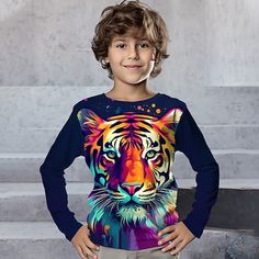 Season:Summer,Spring,Fall; Fabric:Polyester; Sleeve Length:Long Sleeve; Look After Me:Machine wash; Gender:Boys; Style:Designer,Sports,3D Print,Fashion,Streetwear,Cool,Daily,Sport; Elasticity:Micro-elastic; Occasion:Outdoor,Casual,Daily; Kids Apparel:Tee,T shirt; Age Group:Kids; Fit Type:Regular Fit; Pattern:Graphic,Animal,Tiger; Design:Crewneck; Age:3-12 Years; Listing Date:08/09/2023; Bust:; Length:; Neck:; Sleeve:; Print Type:3D Print Multicolor Long Sleeve T-shirt With All Over Print, Blue Crew Neck Top With Printing, Blue Printed Crew Neck Top, Casual Blue Tops With Printing, Casual Blue Printed Top, Casual Blue Top With Printing, Fall Sports, Boys Style, Tiger Design