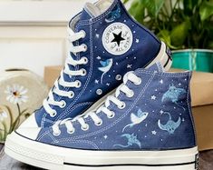 Custom Embroidered Converse, Hammerhead Sharks and Manta Ray Embroidered Shoes, Ocean Vibes Embroidered Sneakers Custom, Gifts for Divers - Etsy Embroiderd Converse, Ocean Converse, Custom Converse Ideas, Space Converse, Converse Custom Ideas, Painted Converse High Tops, Shoe Painting Ideas, Ocean Shoes, Embroidered Converse High Tops