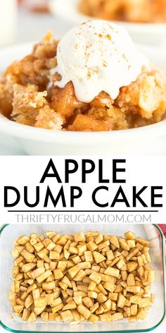 apple dump cake in a glass baking dish with ice cream on top and an image of the