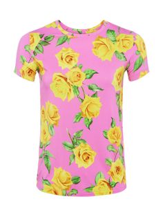 Our most flattering short sleeve tee is here, updated in a pink-backed yellow-rose print. In a supple microfiber and slim cut, you'll love how the Ressi crew-neck tee feels and fits. Pair with denim for the ultimate casual-chic look. | L'AGENCE Ressi Fitted T-Shirt In Shocking Pink/Yellow Roses Fitted Pink Printed T-shirt, Stretch T-shirt With Sublimation Print For Spring, Summer Floral Print Short Sleeve Crew Neck Top, Summer Floral Print Crew Neck Short Sleeve Top, Spring Floral Print Short Sleeve Crew Neck Top, Fitted T-shirt With Sublimation Print For Summer, Summer Rose Print Short Sleeve T-shirt, Summer Short Sleeve T-shirt With Rose Print, Fitted Pink T-shirt For Summer