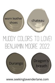 three different shades of gray paint with the words mudy colors to love, benjamin more and dragon's breath