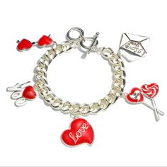 Curb Chain Valentine Statement Charm Bracelet Toggle Bar Clasp Valentine's Day Alloy Chain Jewelry, Valentine's Day Gift Chain Bracelet With Lobster Clasp, Silver Heart-shaped Alloy Bracelets, Valentine's Day Chain Bracelet Jewelry, Silver Chain Alloy Bracelet Gift, Valentine's Day Metal Chain Jewelry, Red Alloy Jewelry For Party, Trendy Red Jewelry With Adjustable Chain, Silver Metal Charm Bracelet With Chain