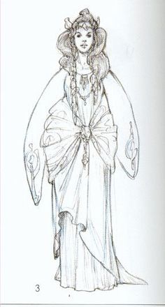 a drawing of a woman in a dress with an angel on her head and wings