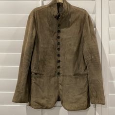 John Varvatos Button Up Jacket In Size 52 -100% Goat Suede -Two Pockets On Front And Two Pockets On The Inside -In Good Condition Suede Button-up Outerwear With Buttons, Wool Button-up Outerwear With Welt Pockets, Classic Suede Button-up Outerwear, Corduroy Button-up Outerwear With Pockets, Button-up Suede Outerwear With Pockets, John Varvatos, Shirt Jacket, Button Up, Mens Jackets