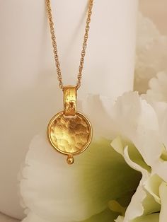 Hammered Pendant, Gold Medallion Necklace, Pearl And Diamond Ring, Gold Medallion, Gold Statement Ring, Gold Engraving, Medallion Necklace, Hammered Gold, Yellow Gold Pendants