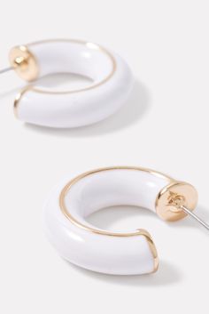 These EVEREVE hoops will add a chic touch to any day-to-night look, featuring white enamel coating and 14k gold plated detailing. | EVEREVE Women's Jillian Enamel Hoop Earrings, White Modern White Hoop Jewelry, Trendy White Enamel Earrings, Modern White Metal Hoop Earrings, White Enamel Hoop Earrings For Gifts, Modern Small Hoop White Earrings, Modern White Small Hoop Earrings, Everyday White Metal Hoop Earrings, White Metal Hoop Earrings, Chic Small White Hoop Earrings