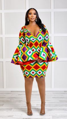 Boss Up in this Efia Kente African Print Midi Dress with majestic sleeves This gorgeous mini dress is ideal for any occasion! Modest but captivating. It can be worn in the office or dressed up for after-work drinks. Perfect For The Efia Kente African Print Midi Dress is perfect for all sorts of functions. Girls night out Casual hangouts Date night Birthday dinner High-end formal events Features V-neckline Non-stretch True to size Mini length Flare sleeve Back zip fastening Extremely flattering f Ankara Dress Styles For Church Flare, Multicolor Mini Dress For Cocktail Parties, Multicolor Mini Dress For Cocktail, Multicolor Cocktail Mini Dress, Fitted Multicolor Mini Length Dresses, Chic Multicolor Sheath Midi Dress, Fitted Multicolor Knee-length Mini Dress, Fitted Multicolor Mini Dress Knee-length, Fitted Multicolor V-neck Mini Dress