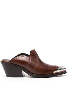 caramel brown calf leather Western-style panelling square toe metal toecap branded leather insole 50mm mid block heel slip-on style Western Mules Shoes, Western Mules, Walk In My Shoes, Chanel 2, Caramel Brown, Loafer Mules, Iconic Bags, Boots Fall, Summer Beach Wear