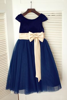 Navy Blue Velvet Tulle Cap Sleeve Wedding Flower Girl Dress Wedding Dress Blue Sash, Navy Blue Flower Girl Dresses, Wedding Flowers Navy Blue, Navy Flower Girl, Flower Girl Dresses Navy, Tea Length Tulle, Full Gown, Flower Girl Dresses Blue, Navy Blue Flowers