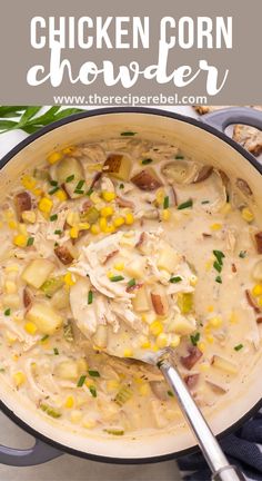 chicken corn chowder in a pot with a spoon