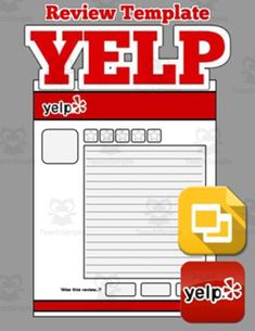 the yelp review template is displayed on a computer screen with icons and symbols around it