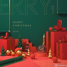 an image of christmas presents on display with the words merry written in gold and green