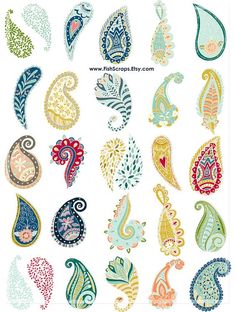 an assortment of different colored paisley designs