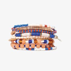 Mixed Bracelet Stack of 9 Blue and Peach Blue Stacked Beaded Bracelets, Multicolor Stackable Bracelets For Beach, Multicolor Stackable Beaded Bracelets, Beach Multicolor Stackable Bracelets, Bohemian Multi-strand Stackable Bracelets, Dynamic Trio, Peach And Gold, Bohemian Soul, Human Hand