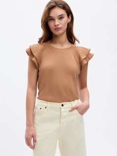 Ribbed Flutter Sleeve T-Shirt | Gap Factory Spring 2025, Knit Short, Flutter Sleeves, Flutter Sleeve, Ribbed Knit, Gap, White And Black, T-shirt, Crew Neck