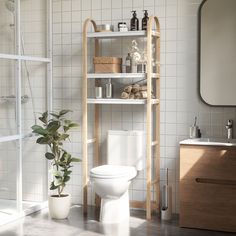 a white toilet sitting next to a wooden shelf