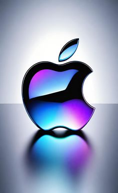 an apple logo is shown on a reflective surface with the reflection of light coming from it