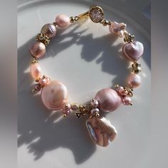 Handmade Freshwater Edison Baroque Pearl Bracelet Pink Gold Green Purple Flower Patel Pearl Gold Plated Beautiful Hardwares Feminine Pink Beaded Jewelry, Elegant Pink Gold Bracelets For Party, Pink Feminine Beaded Bracelets, Elegant Pink Round Beaded Bracelets, Feminine Pink Bracelets For Party, Pink Pearl Jewelry For Party, Feminine Pink Bracelet For Party, Elegant Pink Bracelet Jewelry, Luxury Pink Bracelet For Party