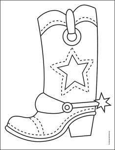 a cowboy boot with a star on the side and a rope around it, outlined in black and white