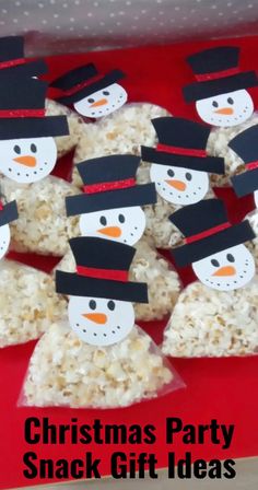 christmas party snack gift ideas with snowmen on top and rice krispy treats in the middle