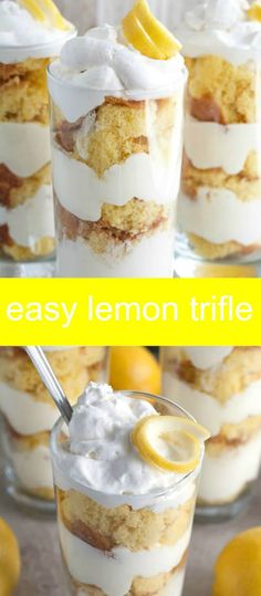 lemon trifle in glass cups with lemons and whipped cream around the edges, ready to be eaten