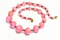 Vintage Louis Rousselet Paris Pink Red Marbled Glass Beads Collar Necklace Vintage Formal Necklace With Gemstone Beads, Vintage Gemstone Beads Necklaces, Pink Necklaces With Spacer Beads, Vintage Beaded Necklace With Polished Beads, Vintage Beaded Necklaces With Polished Beads, Vintage Gemstone Beads Necklace, Vintage Round Beaded Necklaces With Polished Beads, Vintage Necklace With Spacer Beads, Vintage Red Gemstone Beads Jewelry