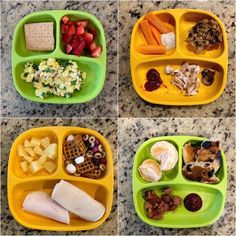 four different trays filled with food on top of a table