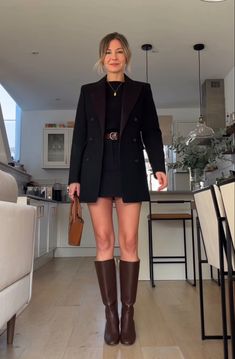 Blazer Skirt And Boots Outfit, Fancy Dinner With Friends Outfit, Knew High Brown Boots Outfit Women, Mini Skirt Office Outfit, Chestnut Boots Outfit, Mini Skirt And Blazer Outfit, Blazer Mini Skirt Outfit, Chocolate Brown Boots Outfit, Knee High Brown Boots Outfit