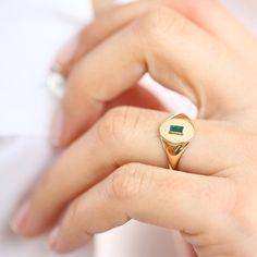 14k Gold Baguette Emerald Signet Ring – FERKOS FJ Emerald Signet Ring, Layering Diamond Necklaces, Emerald Wedding Rings, Custom Wedding Band, Malachite Rings, Local Jewelry, Delicate Earrings, Ring Size Guide, Sterling Silver Bands