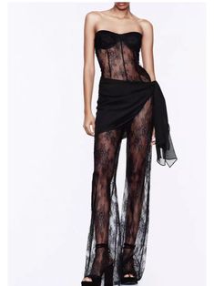 Fabric LaceFabric has some stretch Sheer Black Jumpsuit For Night Out, Black Sheer Jumpsuits And Rompers For Night Out, Black Jumpsuits With Built-in Bra And High Stretch, Black Fitted Backless Jumpsuits And Rompers, Black Sheer Jumpsuits And Rompers For Evening, Evening High Stretch Black Bodysuit, Black High-cut Leg Lined Bodysuit, Black Bodycon Jumpsuit For Night Out, Summer Black High-cut Leg Bodysuit