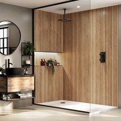 a bathroom with a shower, sink and mirror next to a wall covered in wood slats